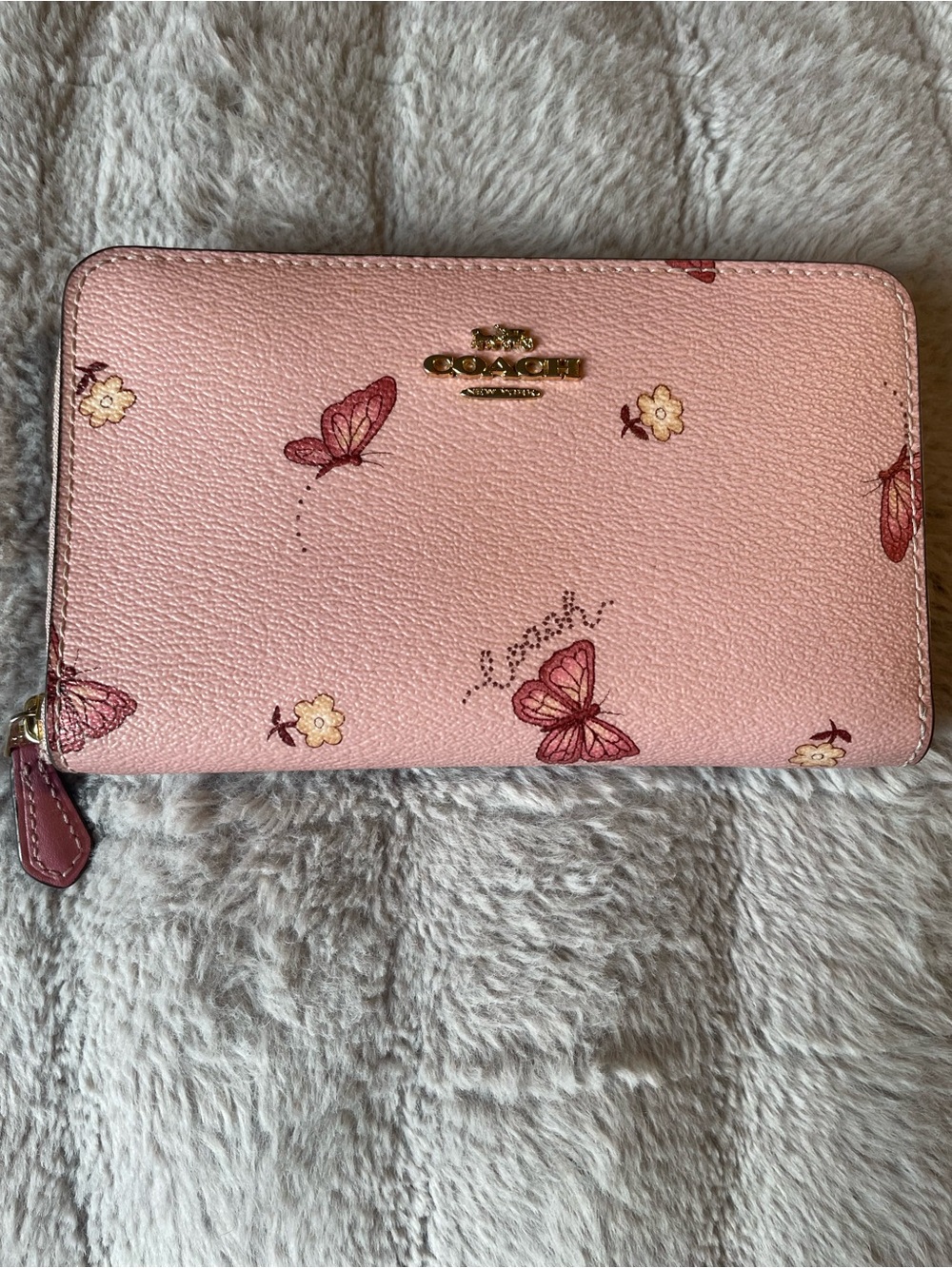 Coach Pink Butterfly Zip Wallet with Floral Accents